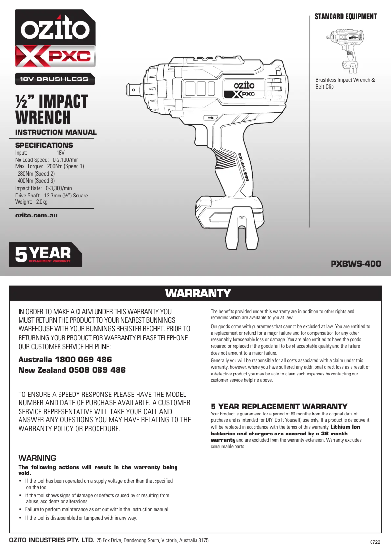 Page 1 de la notice Manuel utilisateur Ozito PXBWS-400