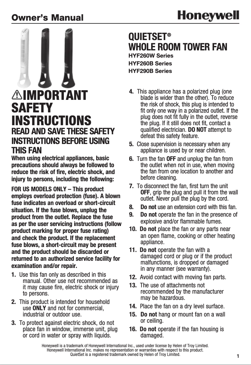 Page n°1 - Manuel utilisateur Honeywell HYF260