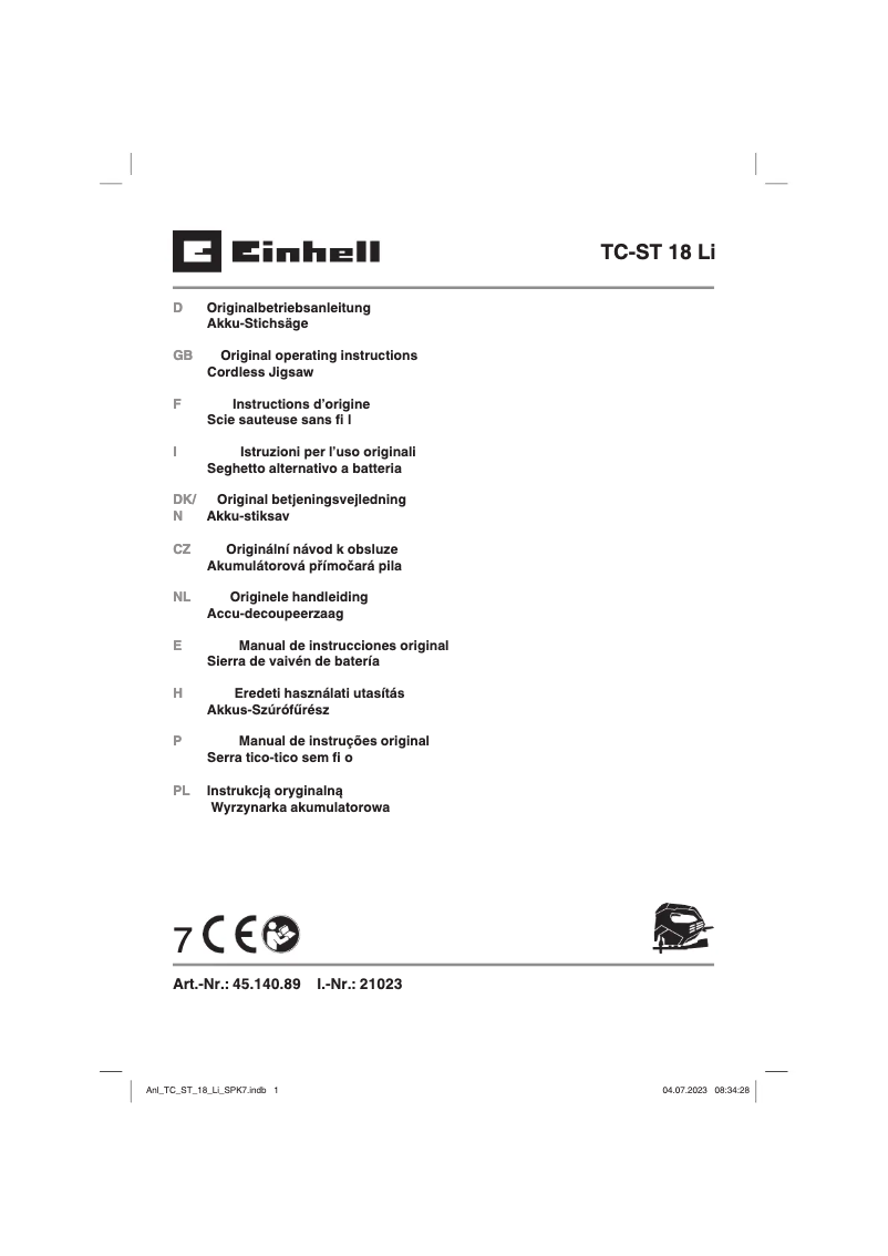 Page 1 de la notice Manuel utilisateur Einhell TC-ST 18 Li