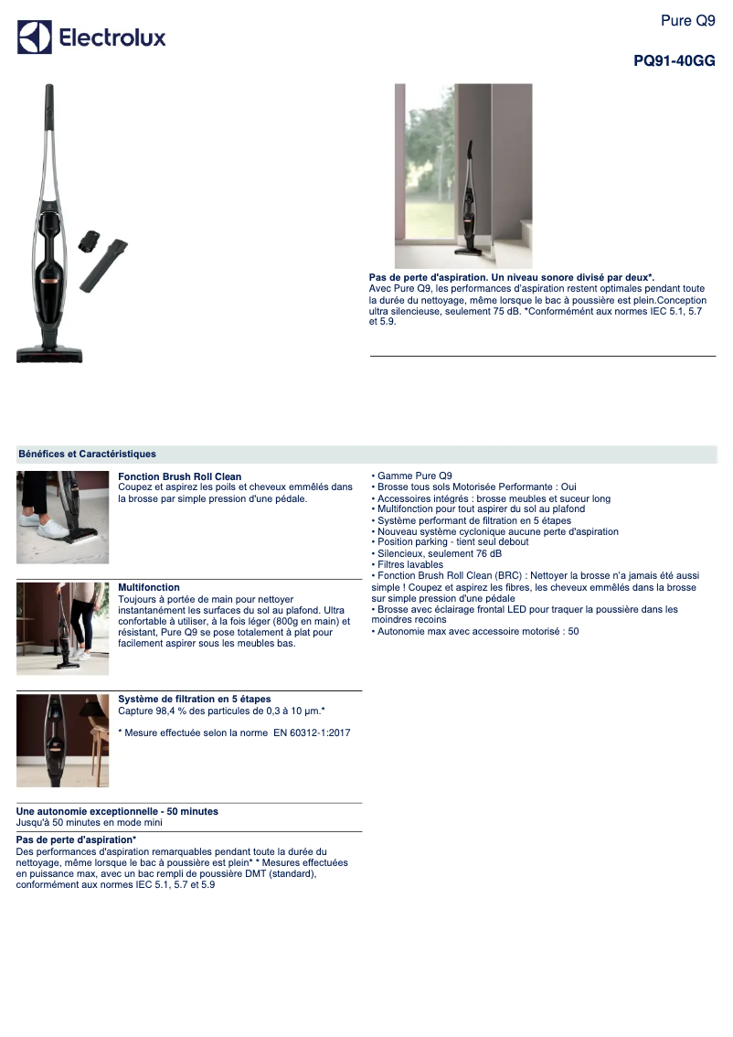 Page 1 de la notice Fiche technique Electrolux PQ91-40GG