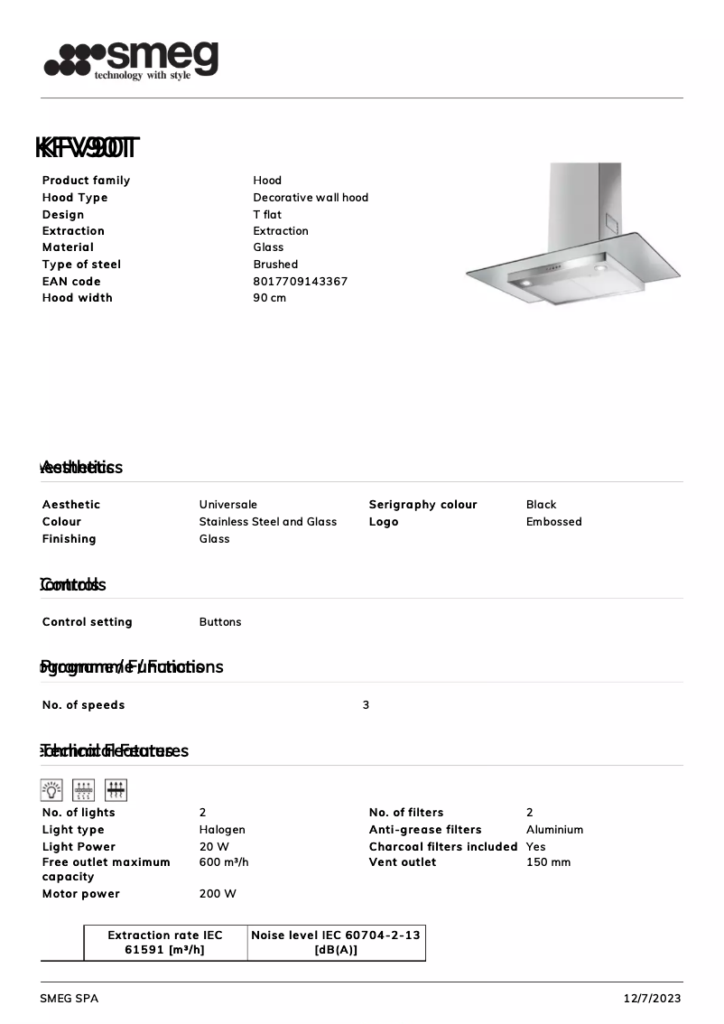 Page 1 de la notice Fiche technique Smeg KFV90T