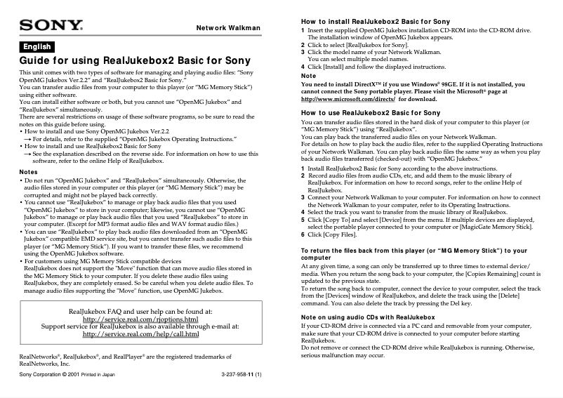 Page n°1 - Manuel utilisateur Sony Walkman NW-E2