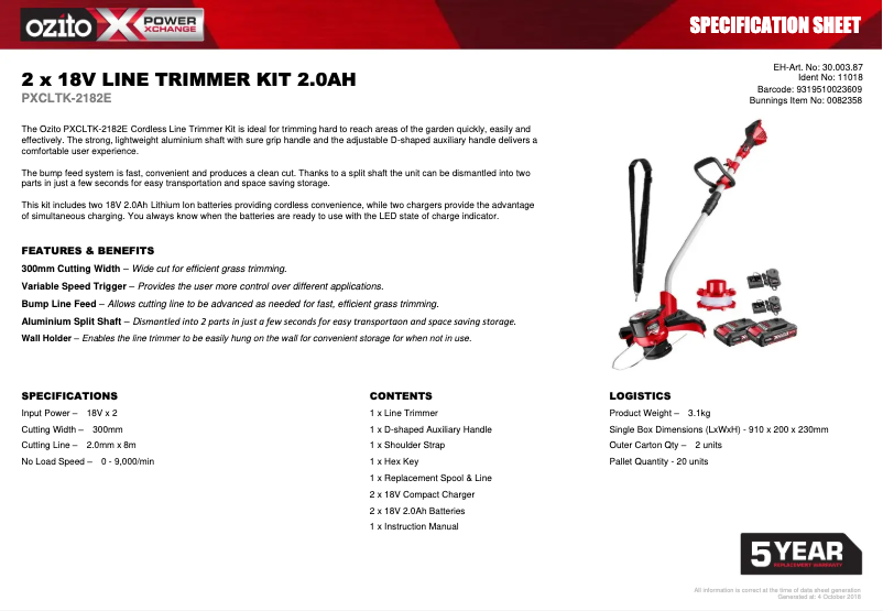 Page n°1 - Fiche technique Ozito PXCLTK-2182E