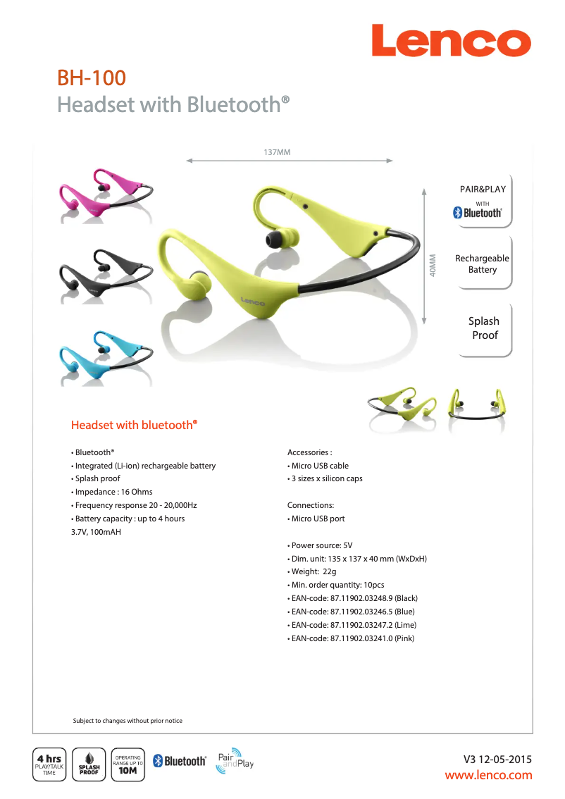 Page n°1 - Manuel utilisateur Lenco BH-100