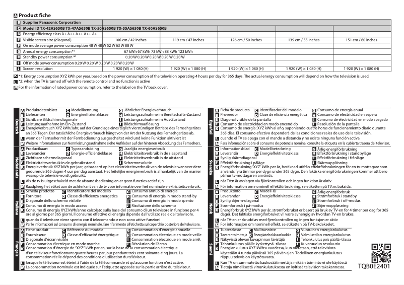 Page 1 de la notice Fiche technique Panasonic Viera TX-42AS650E