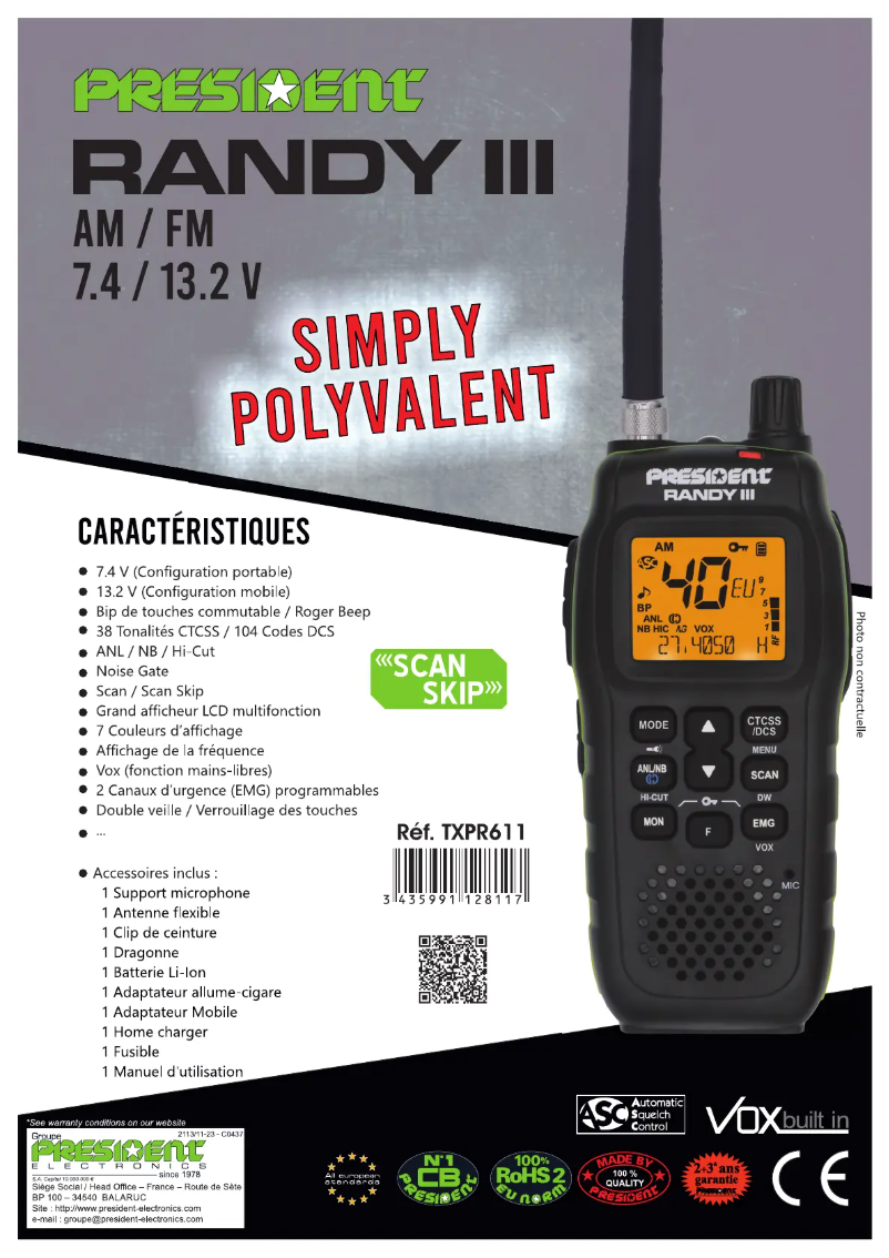 Page 1 de la notice Fiche technique President Randy III