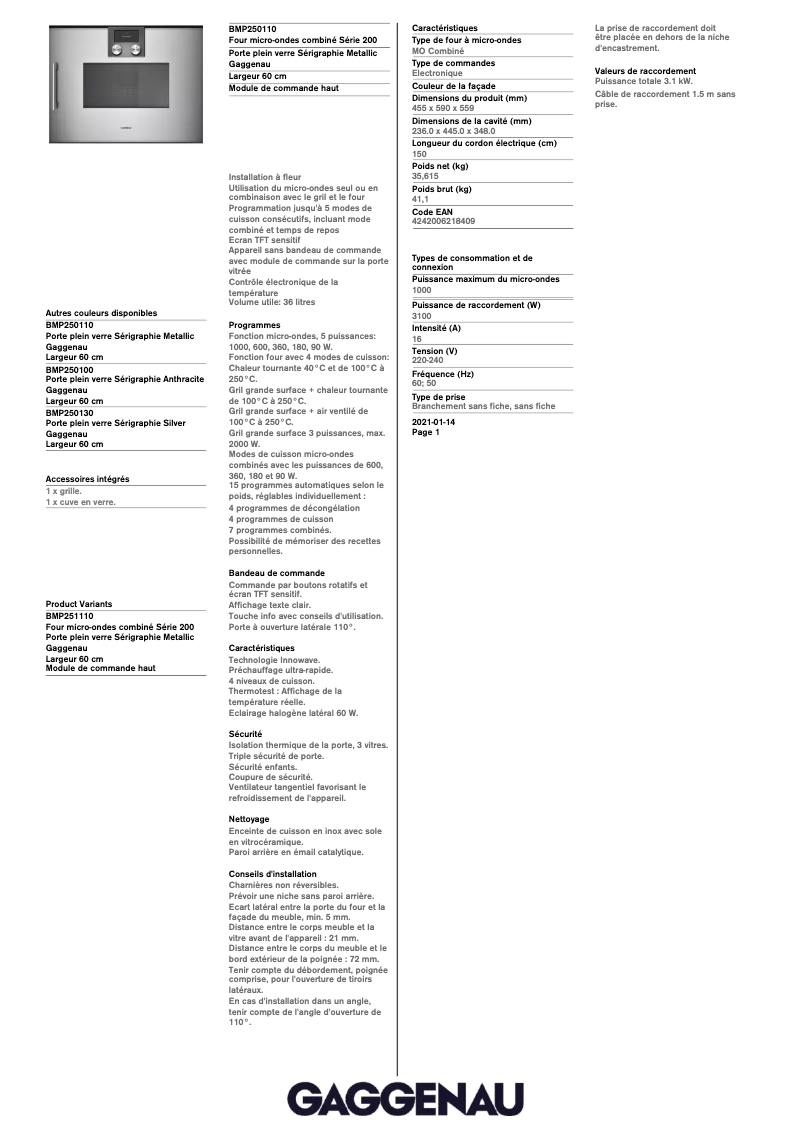 Page 1 de la notice Fiche technique Gaggenau BMP250110