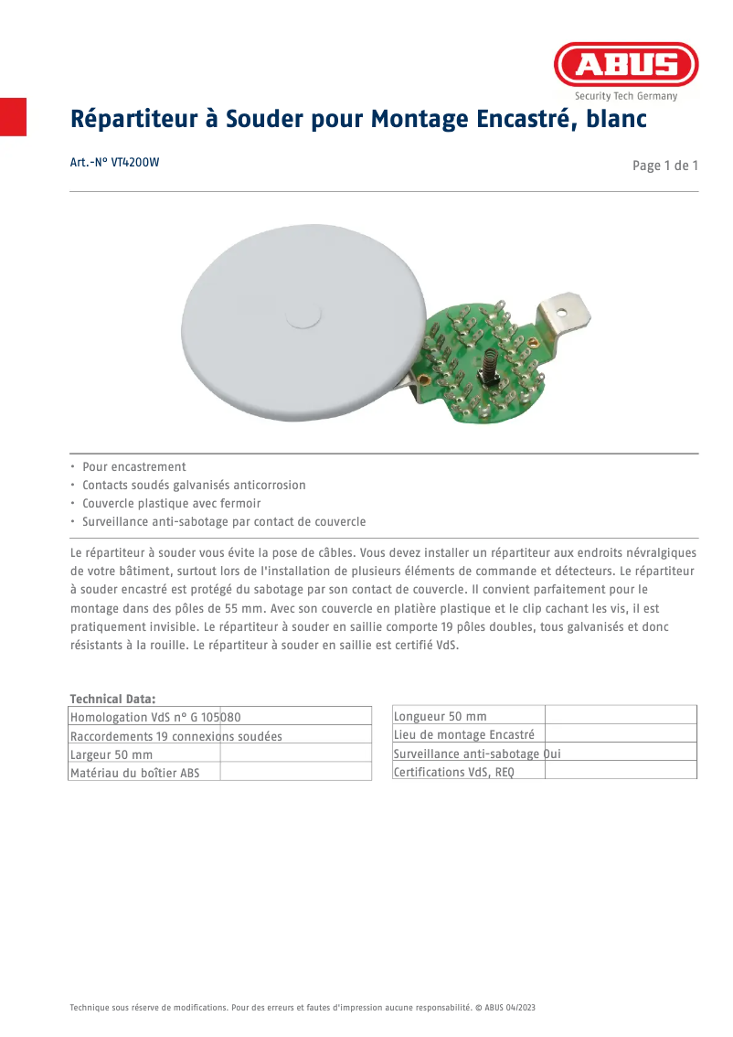 Page 1 of the manual Technical Sheet Abus VT4200W