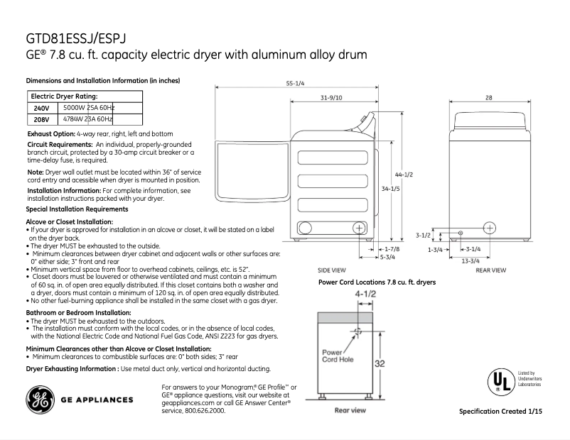 Page 1 de la notice Fiche technique GE GTD81ESSJWS