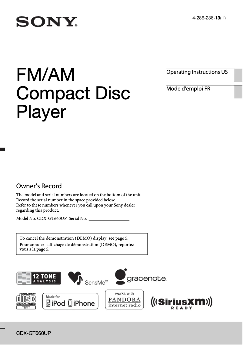 Page 1 de la notice Manuel utilisateur Sony CDX-GT660UP