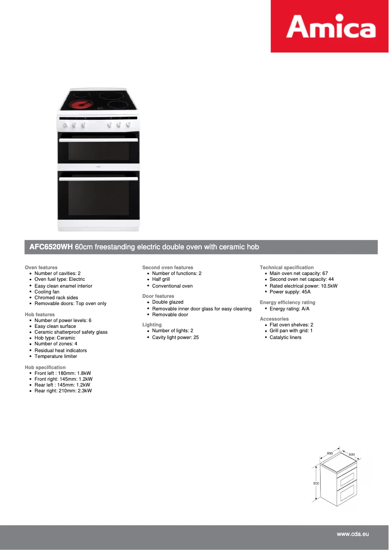 Page n°1 - Fiche technique Amica AFC6520WH