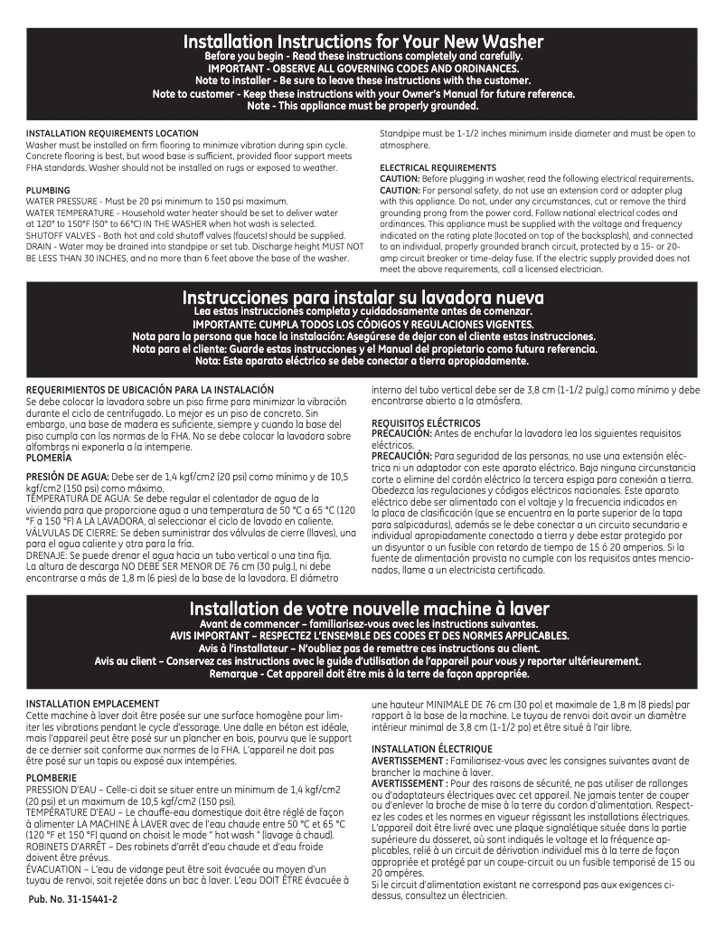 Page 1 de la notice Guide d'installation GE GTWN4950LWS