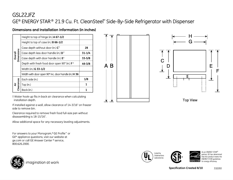 Page 1 de la notice Fiche technique GE GSL22JFZLB