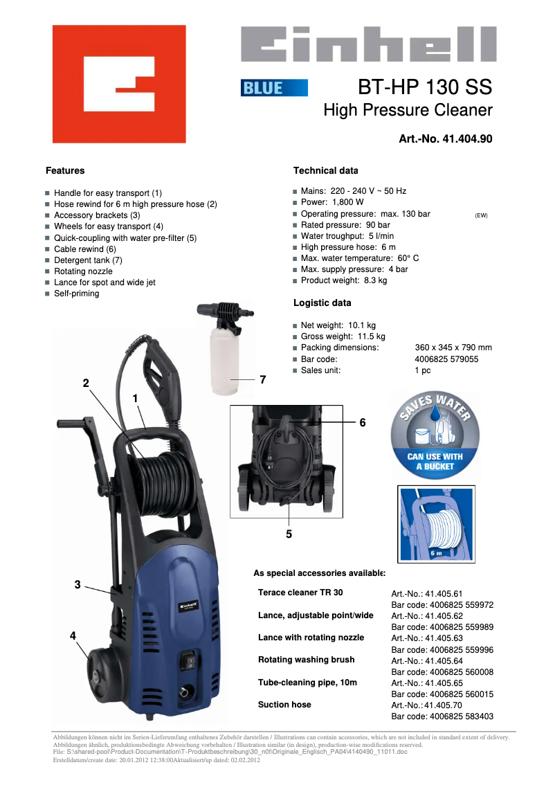 Page 1 de la notice Fiche technique Einhell BT-HP 130 SS