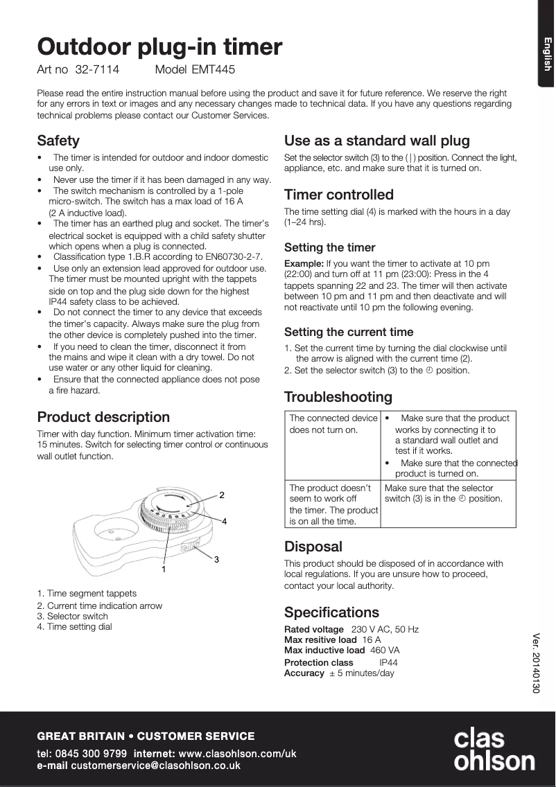 Page 1 de la notice Manuel utilisateur Clas Ohlson EMT445