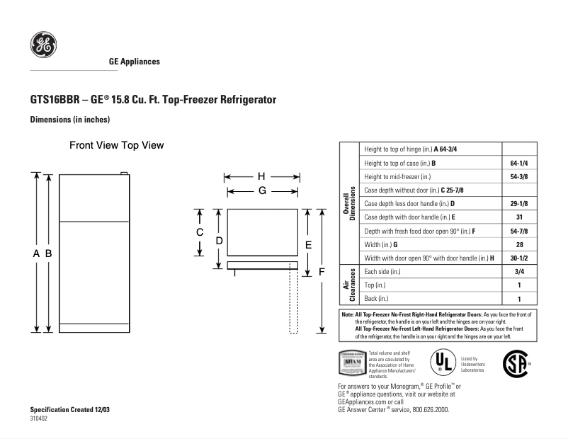 Page 1 de la notice Fiche technique GE GTS16BBRLBB