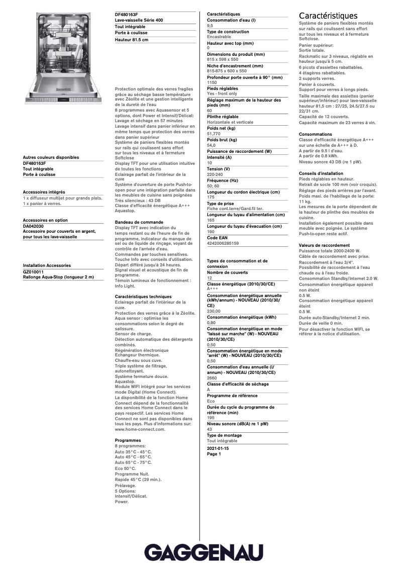 Page 1 de la notice Fiche technique Gaggenau DF480163F
