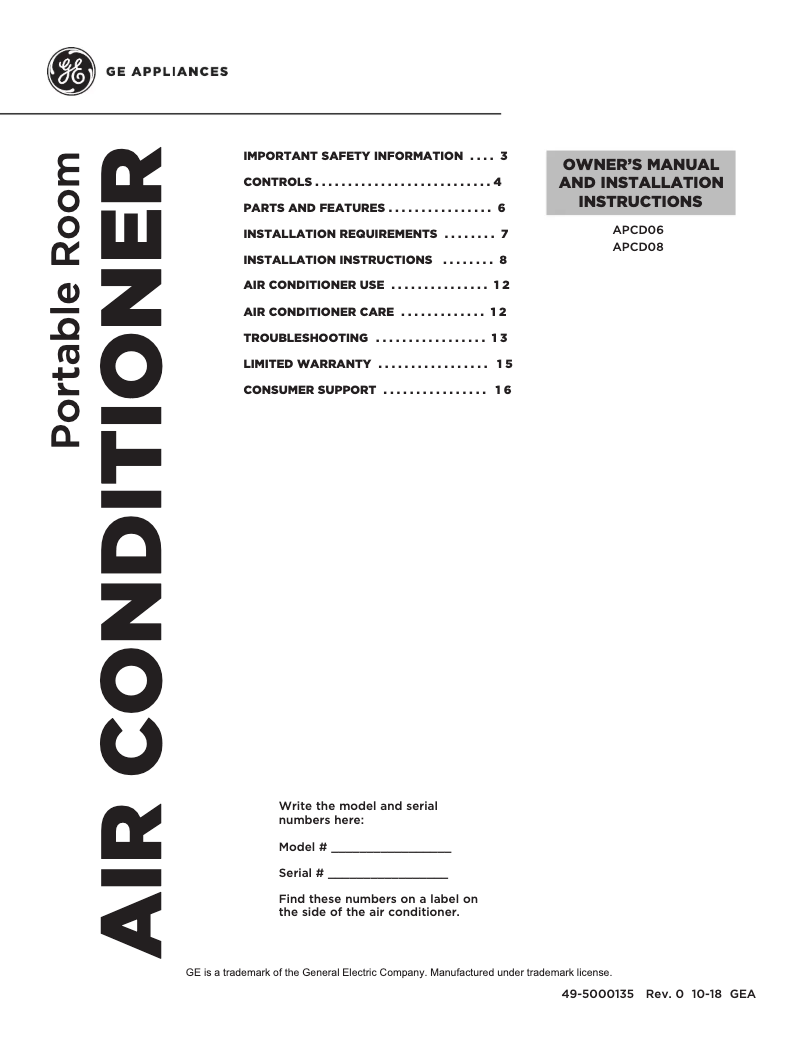 Page n°1 - Manuel utilisateur GE APCD08AXWW