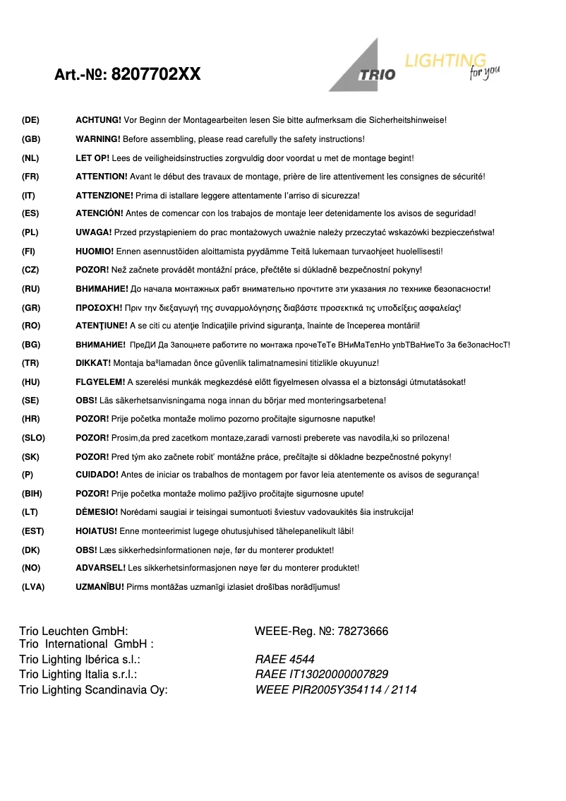 Page 1 de la notice Manuel utilisateur Trio Lighting Ontario 820770279