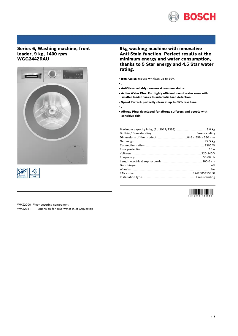 Image de la première page du manuel de l'appareil WGG244ZRAU