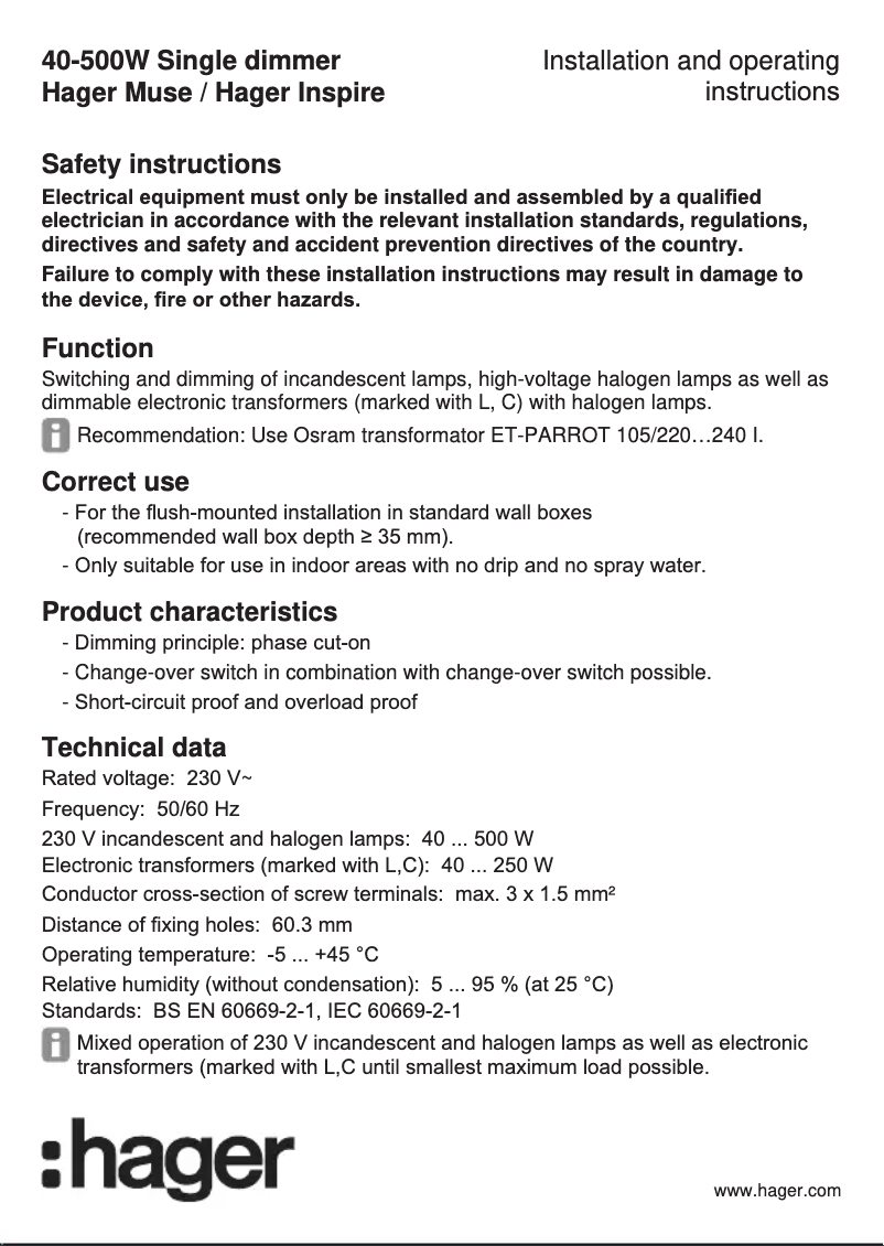Page 1 de la notice Manuel utilisateur Hager WGCEDR500