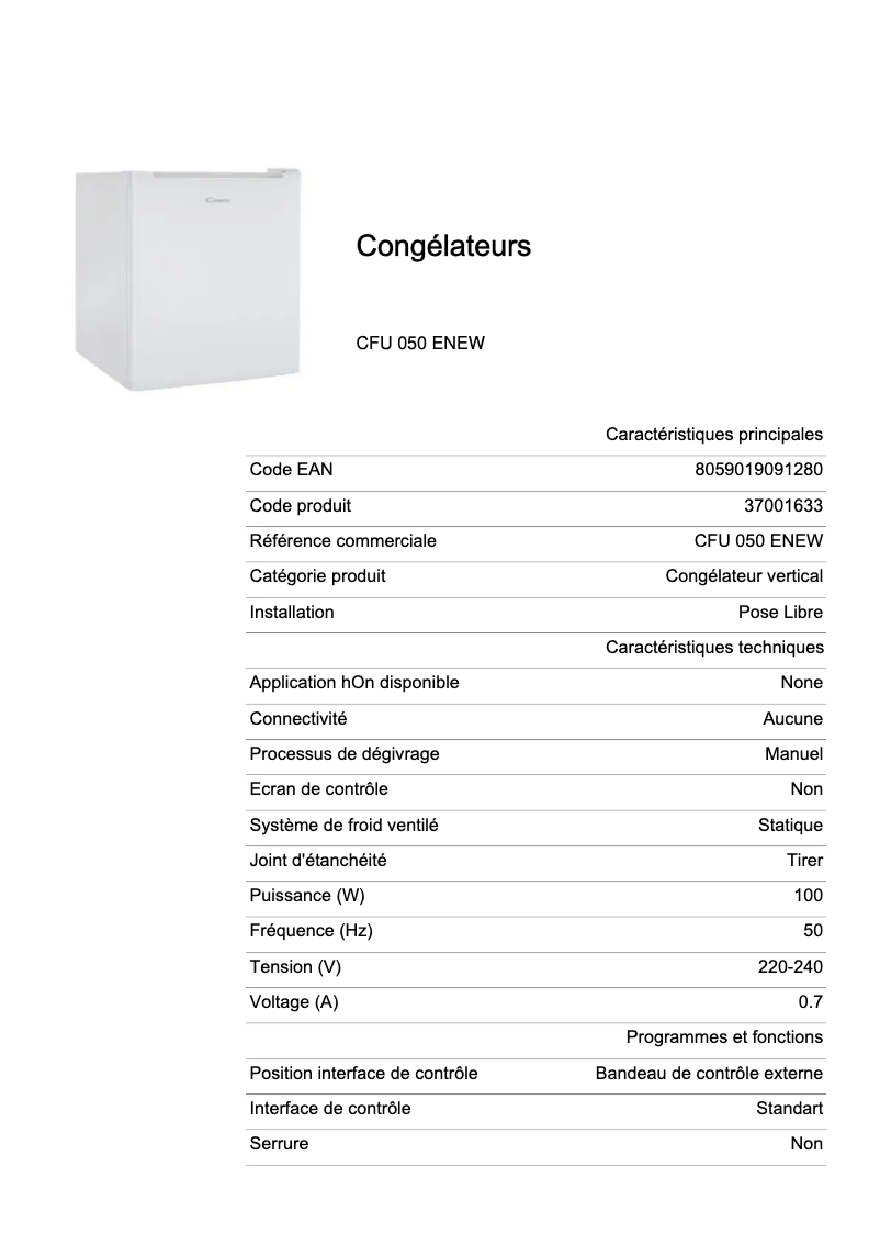 Page 1 de la notice Fiche technique Candy CFU 050 ENEW
