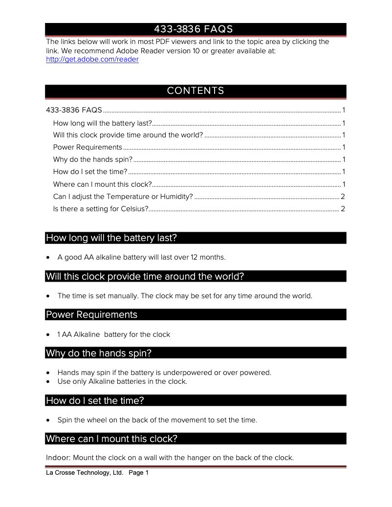 Page 1 de la notice FAQ La Crosse Technology 433-3836