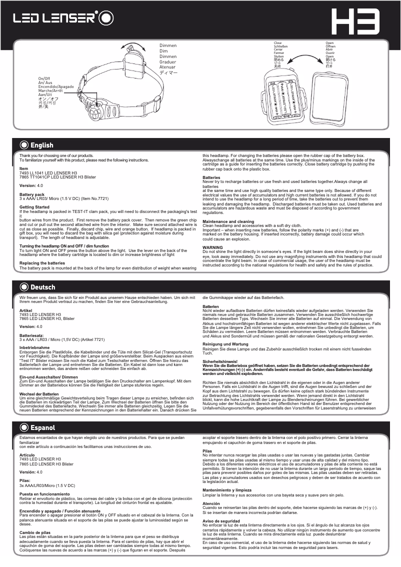 Page 1 de la notice Manuel utilisateur Ledlenser H3