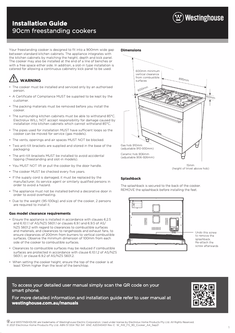 Page 1 de la notice Guide d'installation Westinghouse WFE914SC
