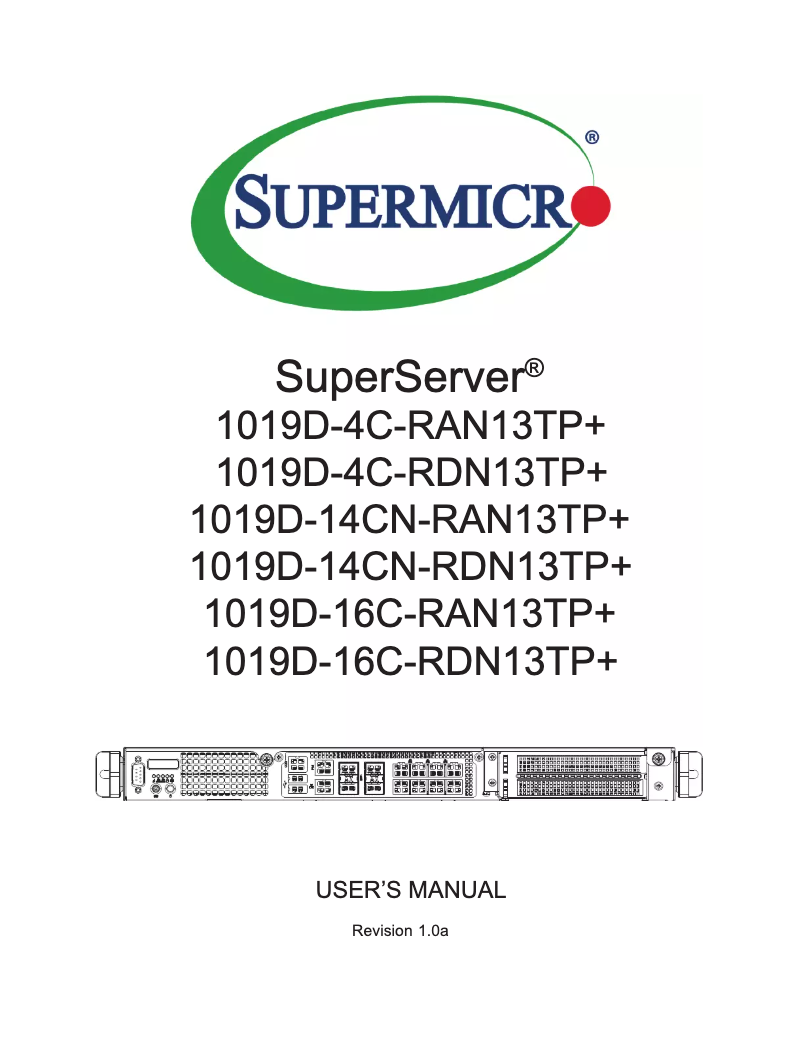 Page 1 de la notice Manuel utilisateur Supermicro SYS-1019D-4C-RAN13TP+