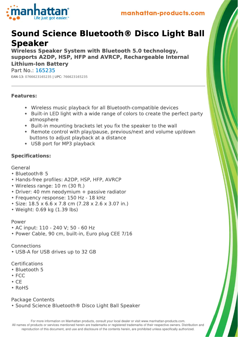 Page 1 de la notice Fiche technique Manhattan 165235