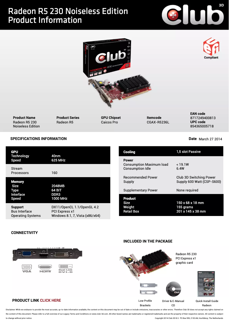 Page 1 de la notice Manuel utilisateur CLUB3D Radeon R5 230 2GB Noiseless Edition