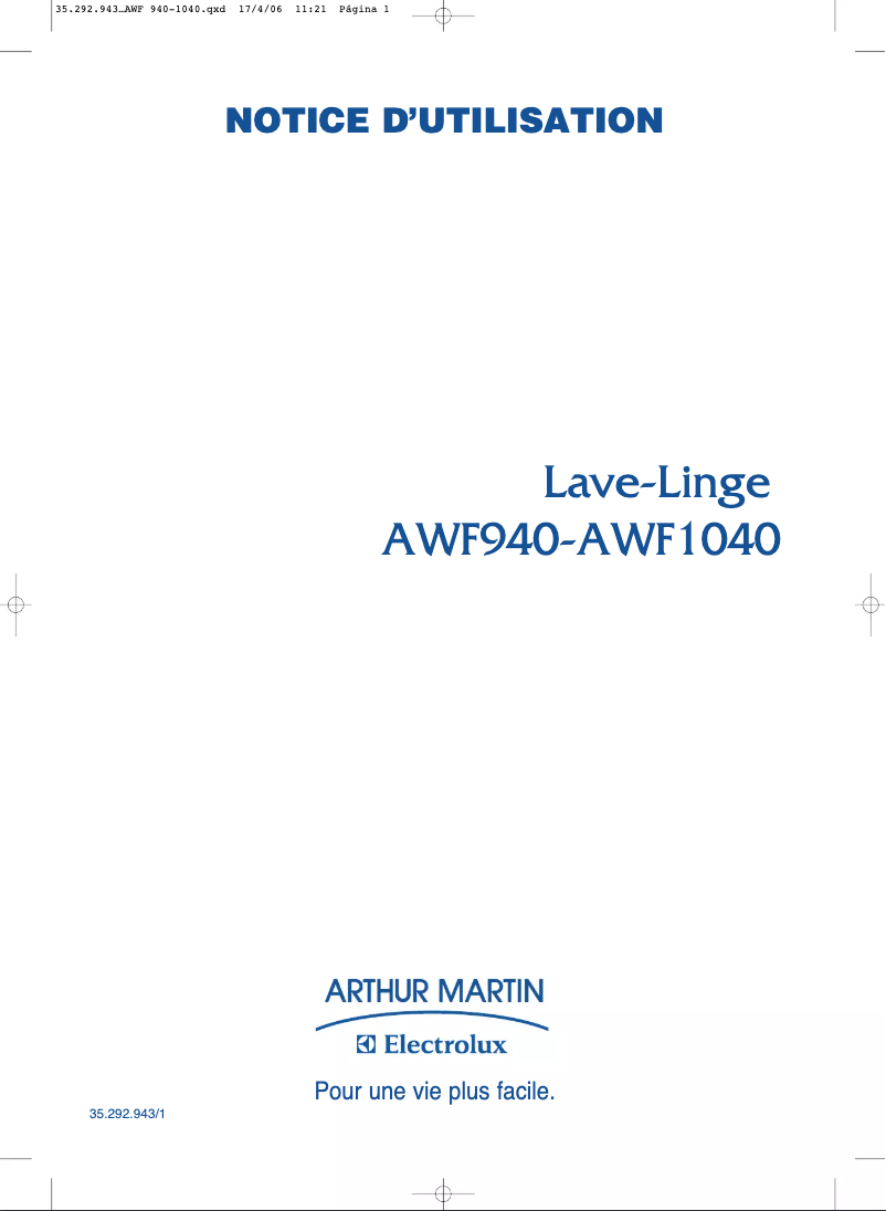 Page n°1 - Manuel utilisateur Arthur Martin-Electrolux AWF 1040
