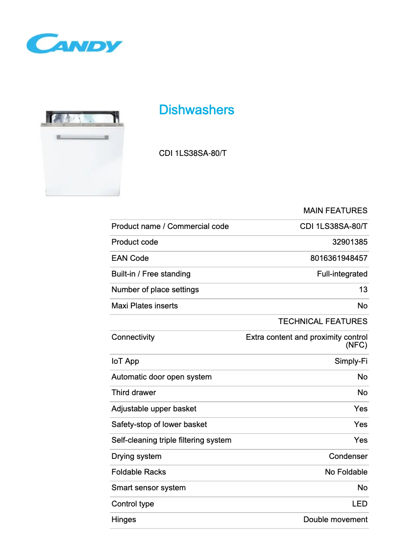 Page 1 de la notice Fiche technique Candy CDI 1LS38SA-80