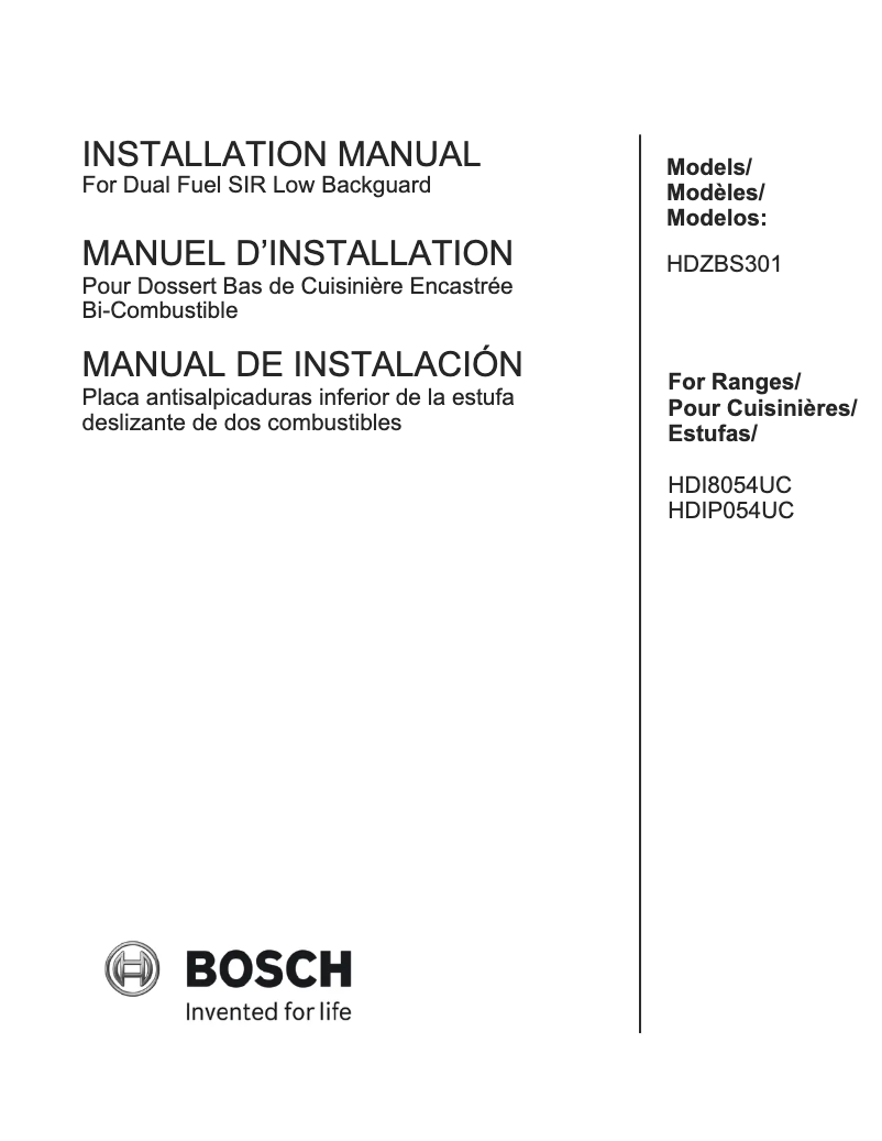 Page 1 de la notice Guide d'installation Bosch HDZBS301