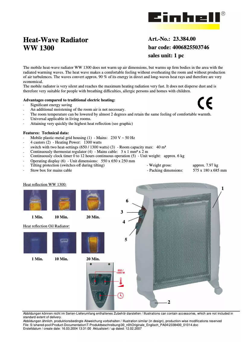 Page 1 de la notice Fiche technique Einhell WW 1300
