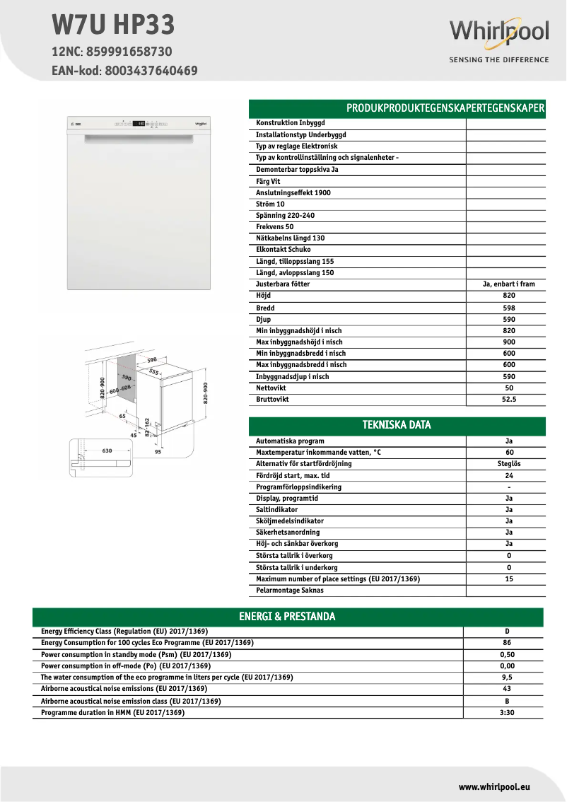 Page 1 de la notice Fiche technique Whirlpool W7U HP33