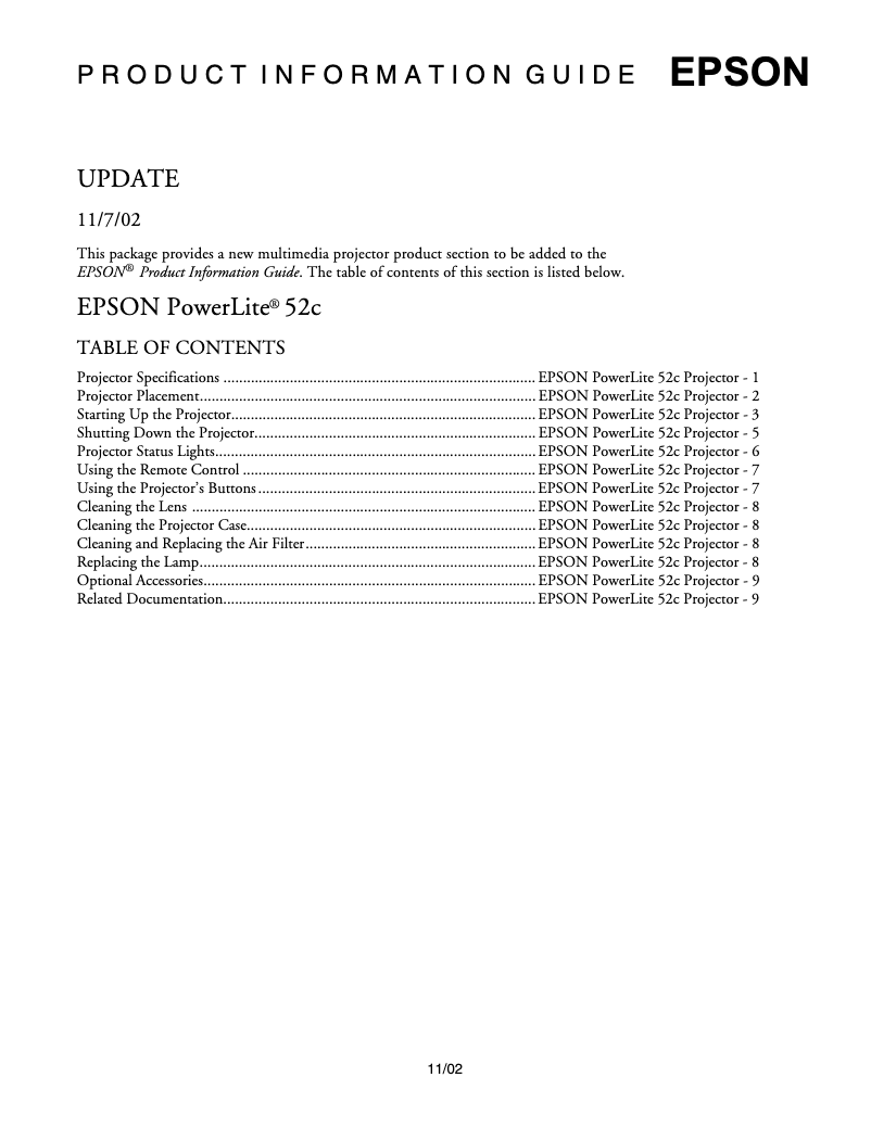 Page 1 de la notice Fiche technique Epson PowerLite 52c