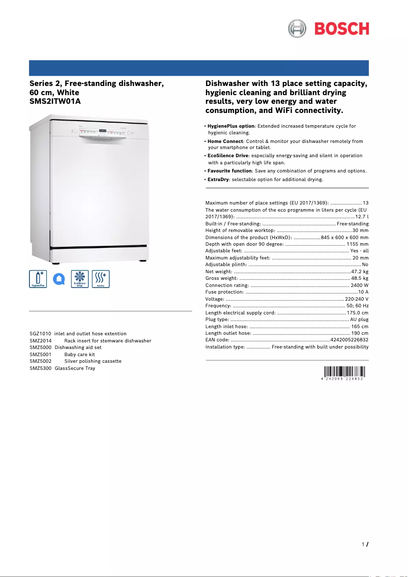 Page 1 de la notice Fiche technique Bosch SMS2ITW01A