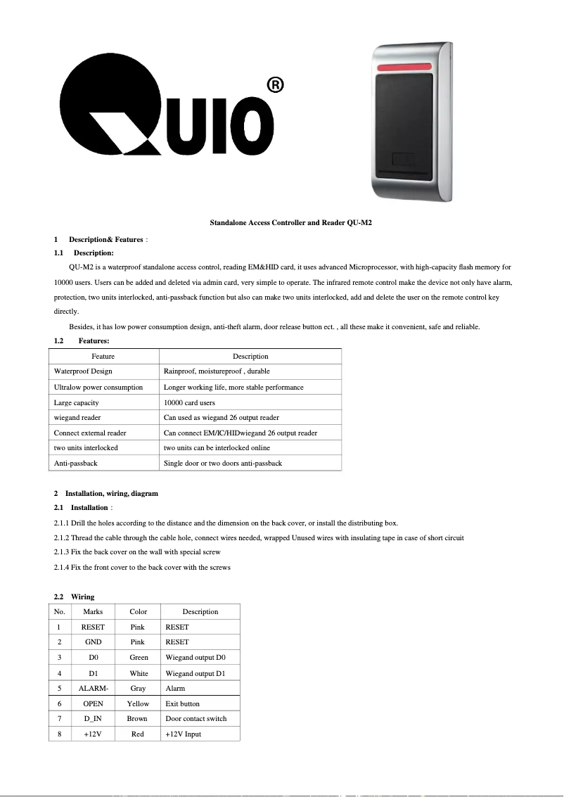 Image de la première page du manuel de l'appareil QU-M2-LF
