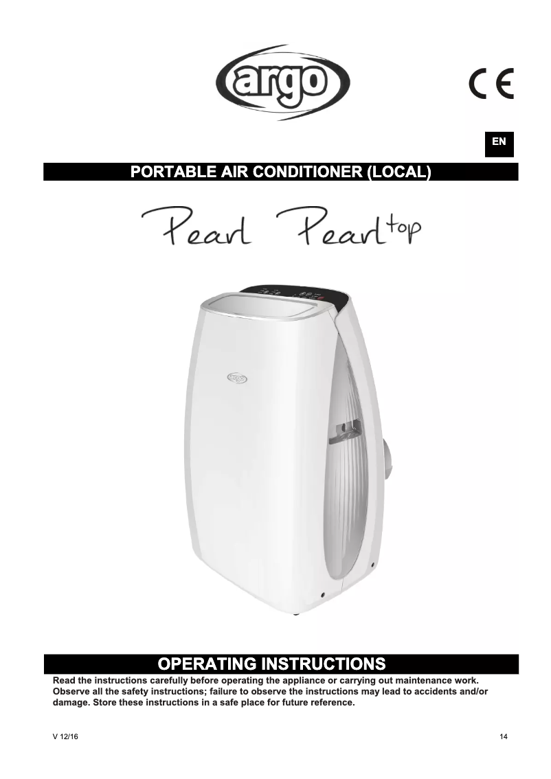 Page 1 de la notice Manuel utilisateur Argoclima Pearl Top