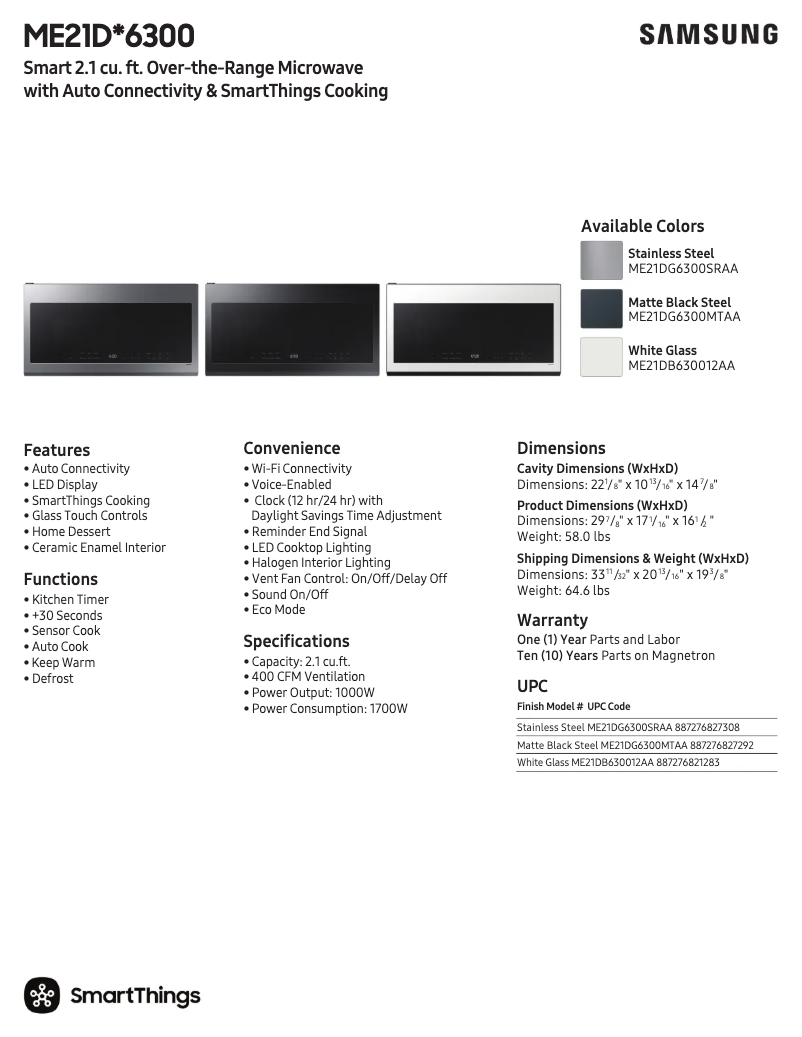 Page 1 de la notice Fiche technique Samsung ME21DG6300SRAA