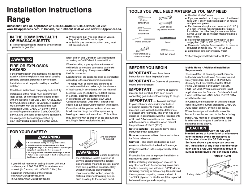Page n°1 - Guide d'installation GE Profile PGS930BELTS