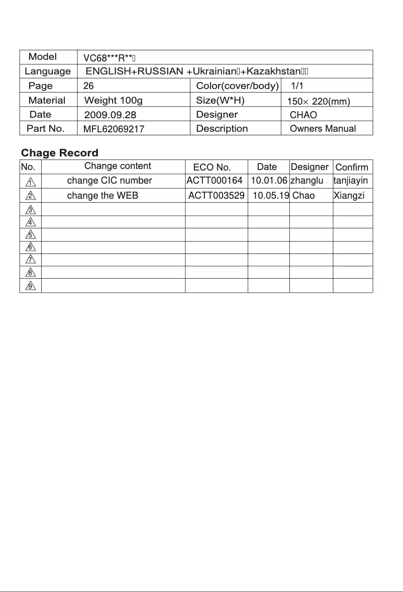 Page 1 de la notice Manuel utilisateur LG VK78104R