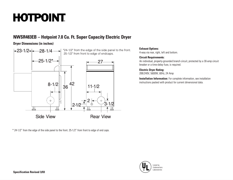 Page 1 de la notice Fiche technique Hotpoint NWSR483EBWW