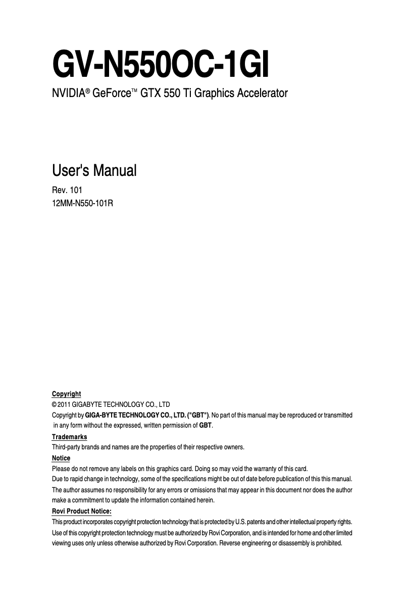 Page 1 de la notice Manuel utilisateur Gigabyte GeForce GTX 550 TI