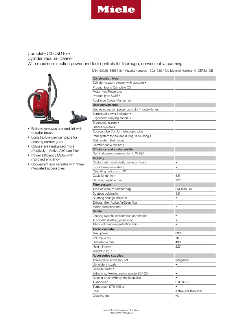 Page 1 de la notice Fiche technique Miele Complete C3 Cat & Dog Flex