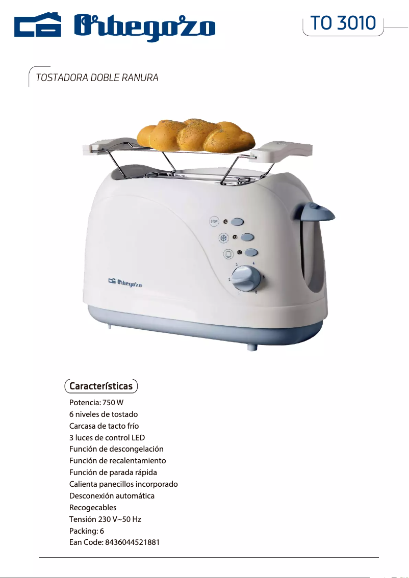 Page 1 de la notice Fiche technique Orbegozo TO 3010