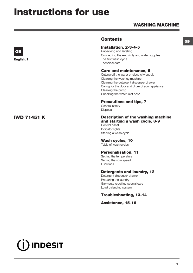 Page n°1 - Manuel utilisateur Indesit XWE 91683X WWWG