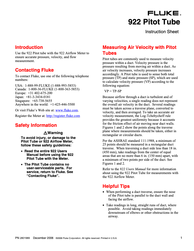 Page 1 de la notice Instructions / montage Fluke 922